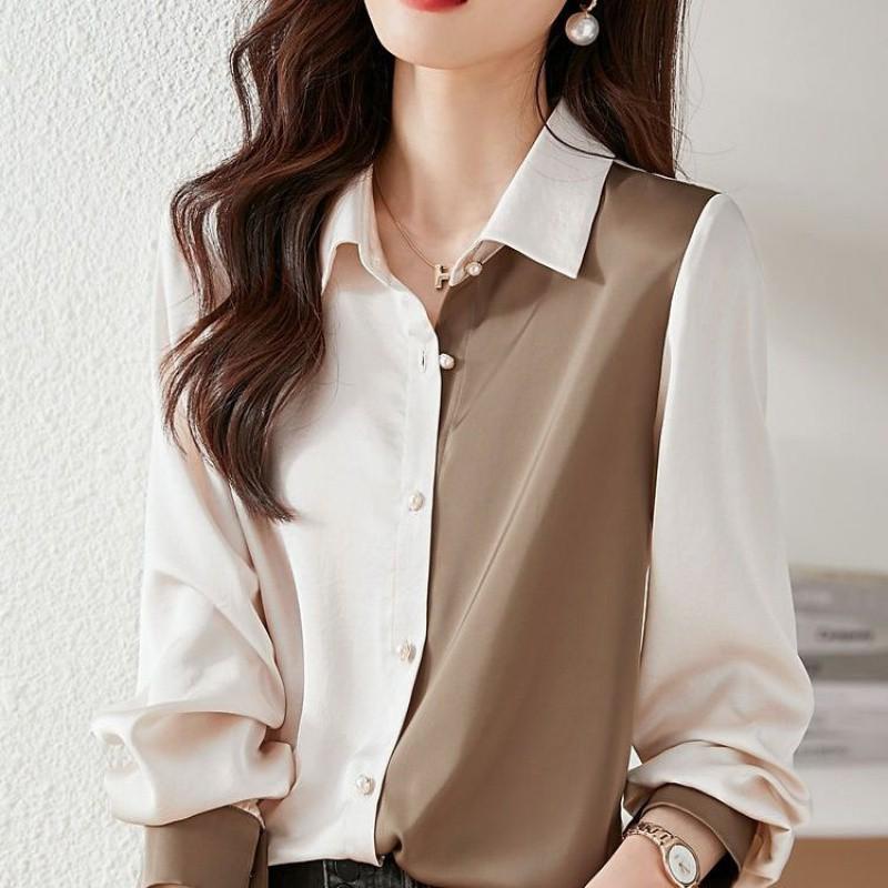 Korean Color-Block Long-Sleeve Chiffon Shirt for Women