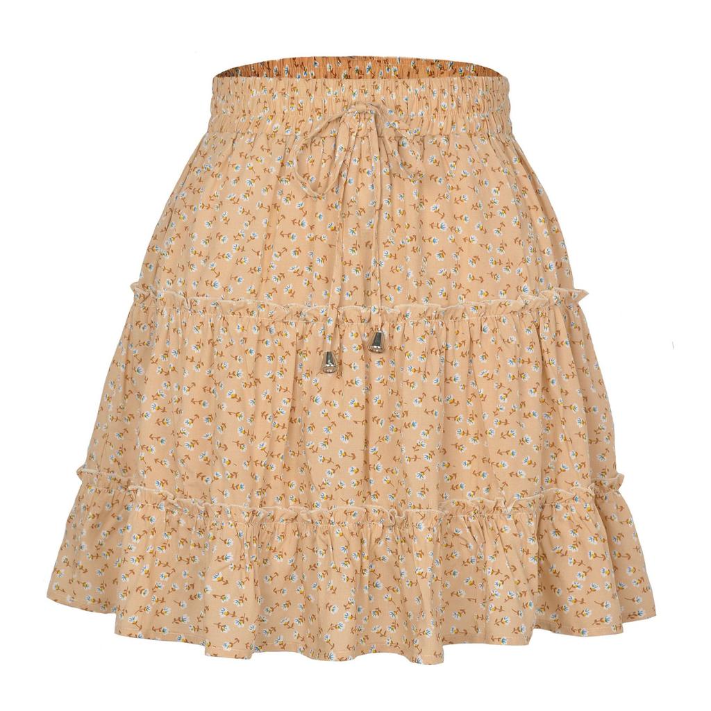 Summer Women's Casual High Waist Ruffled Floral Skirt Beach A-line Skirt