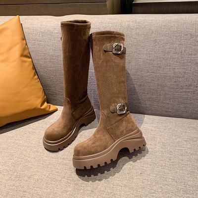 Mode Neuer Stil Damen Vintage Plateau Dicke Ferse Damen Kniehohe Stiefel Mode Damen Gürtelschnalle Ritter Lange Stiefeletten Zapatos Mujer