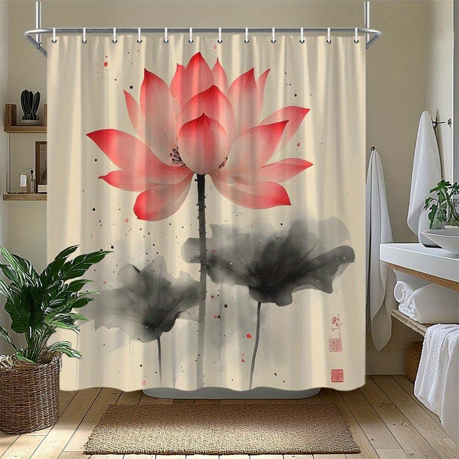 1pc Lotus pattern shower curtain, machine washable polyester, with hooks, suitable for bathroom decoration.