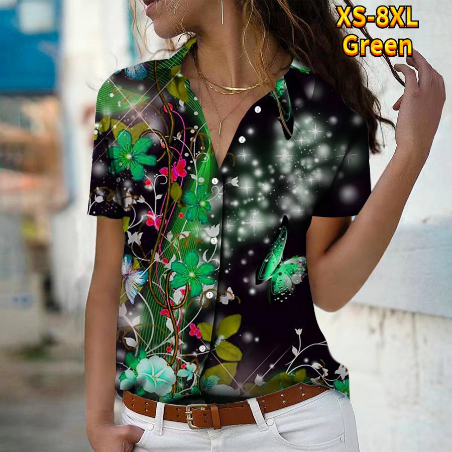 2025 Sommer Ny Mote Dame Blomsterprint Kortermet V-hals Casual Knappedown Skjorte Topp