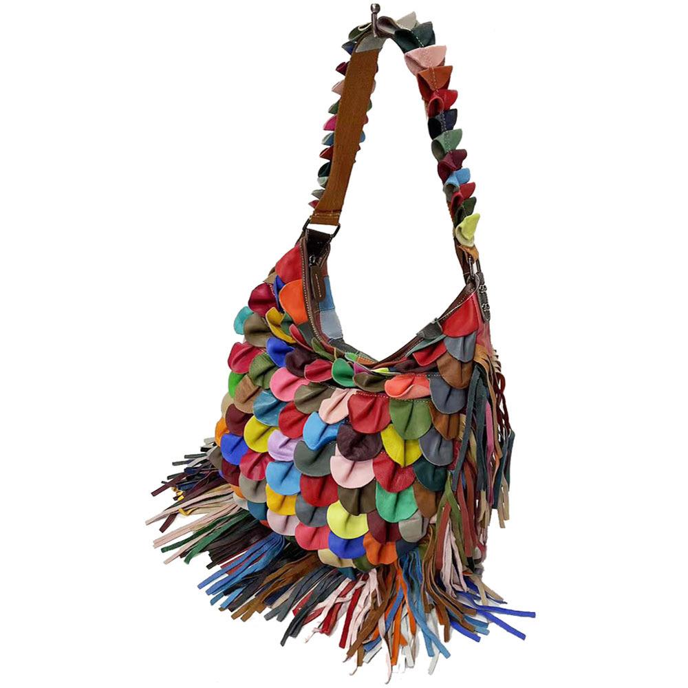 Damen Tasche Farbe Fransen Schafsleder Schultertasche Umhängetasche Stil Leder Spleißen Blatt Tasche