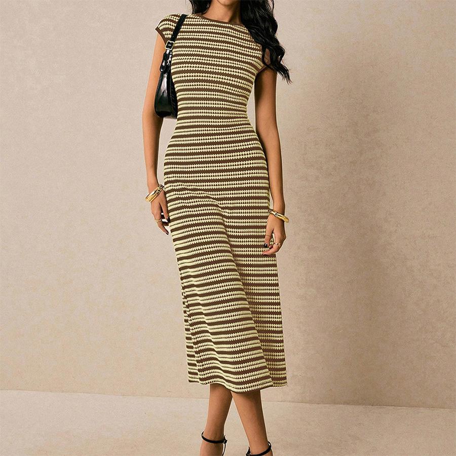 Striped Knit Dress - Imported Sleeveless Slim Fit One-Piece Midi Dress for Women