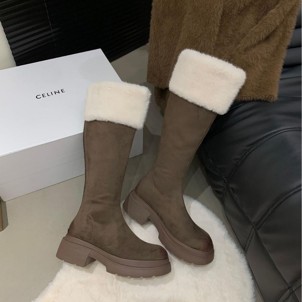 2025 autumn and winter new round head suede rear zipper thick heel tall tube Martin warm snow female knight boots