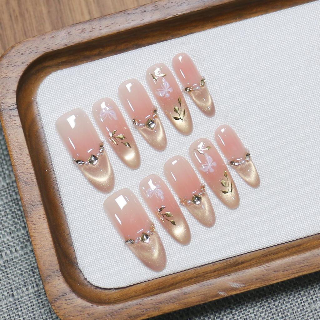 Golden Wind Jade Dew Handmade Autumn/Winter Cat Eye Nail Stickers - Elegant French Style False Nails