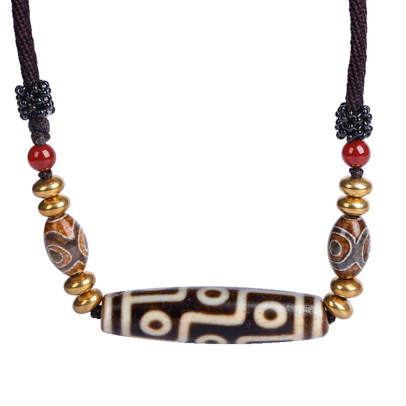 Yellow Nine-Eyed Dzi Bead Chalcedony Pendant Necklace With Certificate & Gift Box Set