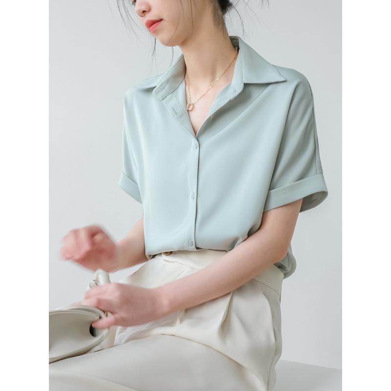 Summer Thin Satin Drape Short-sleeved Shirt Female Small Loose Versatile Design Blouse Tops