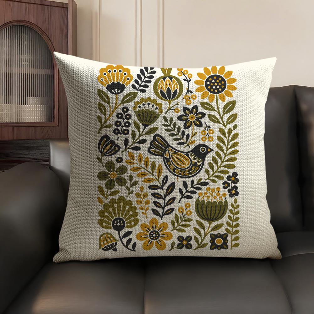 Art Bird Pattern Cushion Cover Linen Organic Fabric DoubleSided Printing Sofa Breathable Home Decor Gift Pillow Case