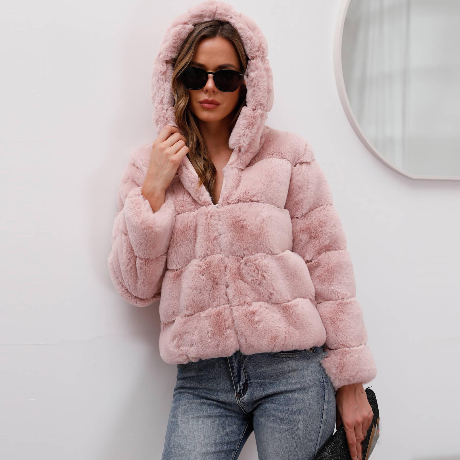 

Женская осенне-зимняя модная однотонная свободная теплая куртка с капюшоном M розовый