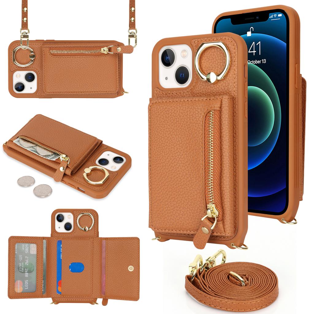 For iPhone 13 Mini Case Card Bag Zipper Pocket Leather+TPU Ring Holder Phone Cover with Long Strap