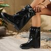Belt Buckle Wide Leg Mid Calf Boots Women Plus Size 42 Med Heel Pu Leather Boots Woman Slip On Straight Fashion Botas Mujer