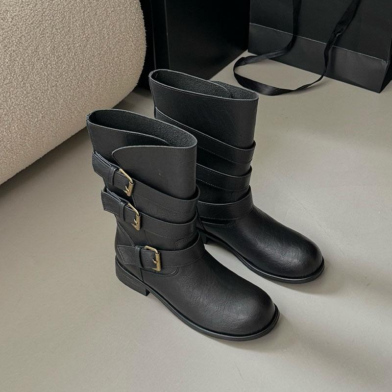 

Fashion Fashion Buckle Women Mid-Calf Boots Slip On Shoes Flats Footwear Round Toe Ladies Western Boots Female Shoes 35 чёрный