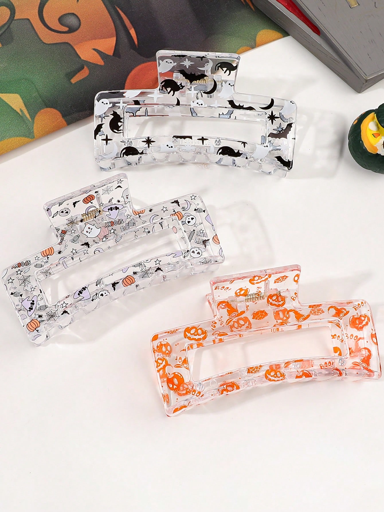 

3 шт. Хэллоуин Тыква Привидение Шляпа ведьмы с принтом элементов звезды и луны Прозрачные заколки для волос Подарки для друзей Хэллоуин