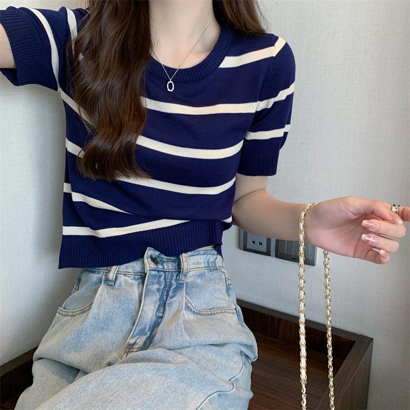 Tenké retro pruhované pletené tričko s kulatým výstřihem a krátkým rukávem, letní topy, dámské ležérní, základní pohodlí a styl, slim fit svetry, trička