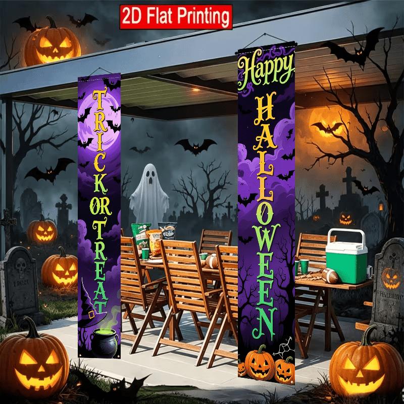 2D Flat, 2pcs 2D Flat Brother Classic Halloween Purple Black Dark Theme, 30.48X179.83 cm Polyester Door Couplet, Trick or Treat Slogan Design, Suitabl
