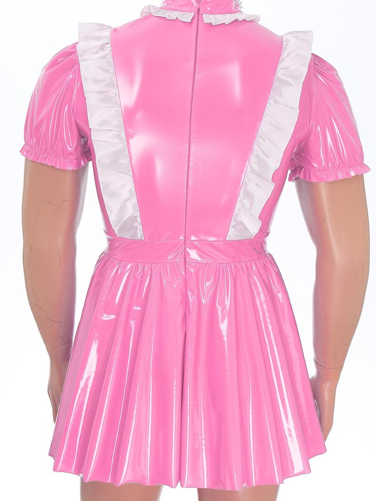 Mens Sissy Maid Dress Ruffles Trims Bow Apron Puff Sleeve A-Line Dress