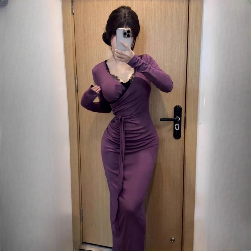 Herbst Winter Neues Französisches Stil Langes Kleid Tiefer V-Ausschnitt LaAe Spleißung Gürtel in der Taille Langarm Slim Fit Kleid Für Frauen