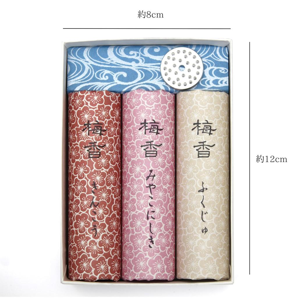 Ready-to-burn incense holder included. A set of three plum-inspired fragrances. Umeko Kyoto incense sticks.