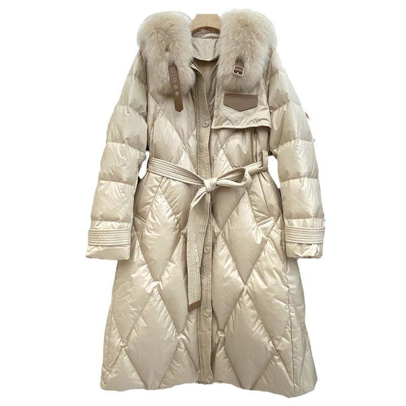 2024 autumn and winter big fur collar down jacket women's medium and long slim belt waist winter fox fur collar jacket