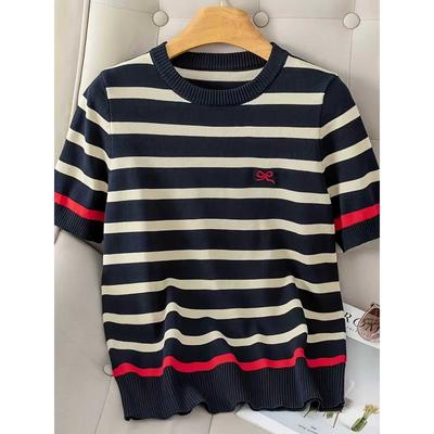 2026 Spring and Summer New Striped Knitted Blouse Women's Round Neck Short-sleeved Pullover Fashion Casual Multifunctional