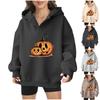 Women's loose Halloween pumpkin hooded sweatshirt, printed and plush pullover, American casual thick autumn and winter hoodie