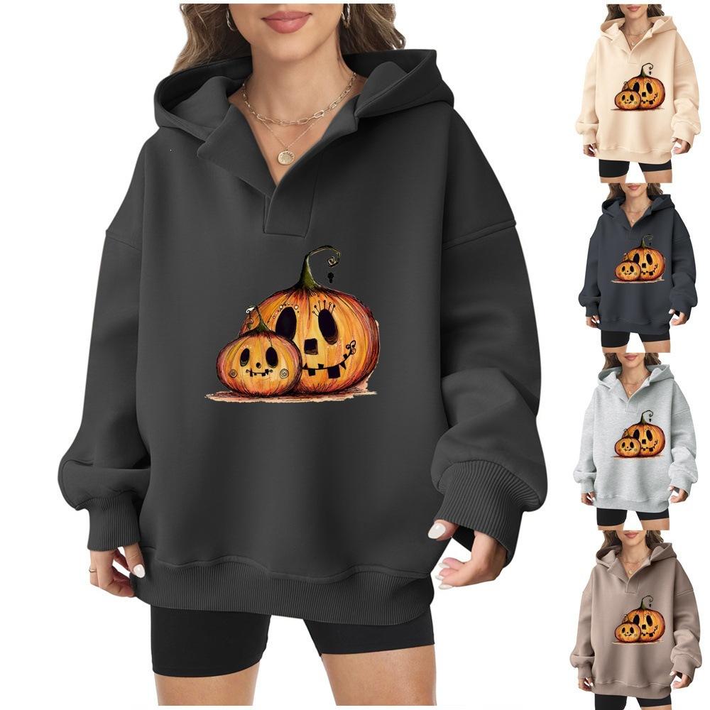 Women's loose Halloween pumpkin hooded sweatshirt, printed and plush pullover, American casual thick autumn and winter hoodie