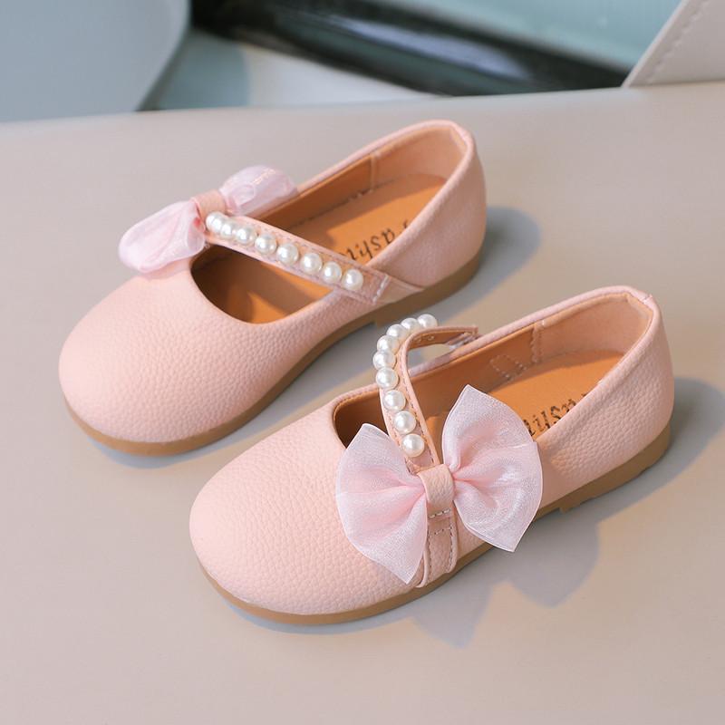 Kids Mary Janes Shoes for Party Wedding Children Elegant Princess Shoes with Bow-knot Girls Pearls Flats Leather Shoes Round-toe