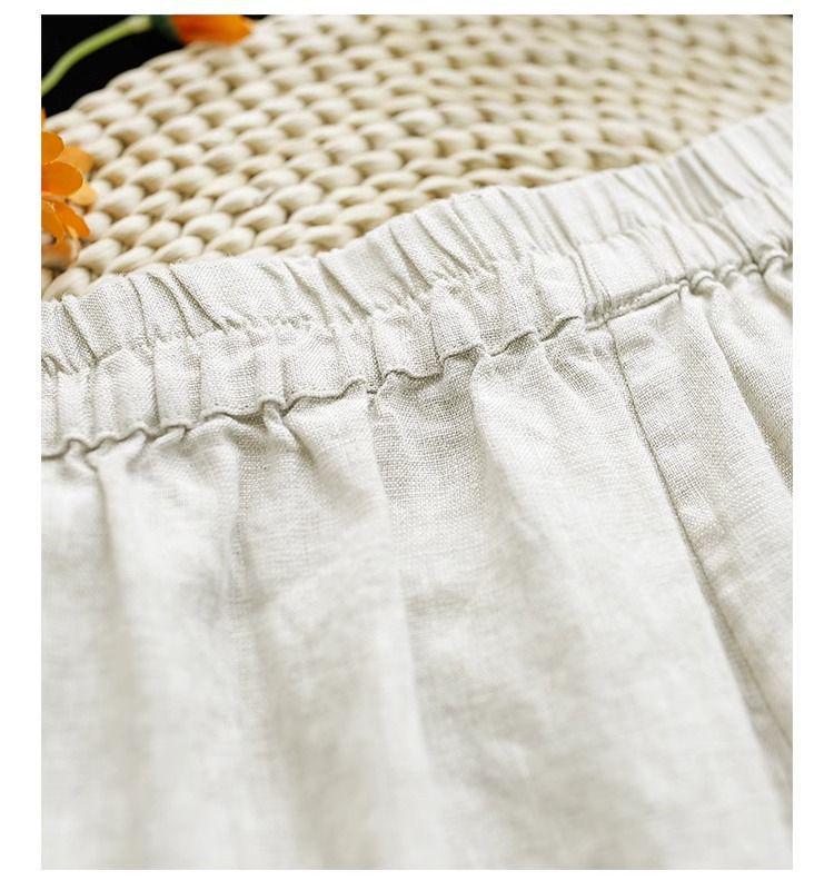 Tide Women's Spring Elastic Waist Cotton Linen Straight Leg Pants with Retro Embroidery