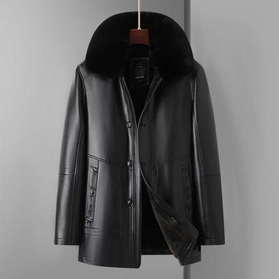 Giacca in Pelle da Uomo con Pelliccia Integrata, Collo Medio-Lungo, Giacca in Pelle per Mezza Età e Anziani, Giacca da Uomo