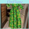Women Plus Neck Round Size Ruffed Long Sleeve Collect Waist Printed Solid Colour Loose Dresses