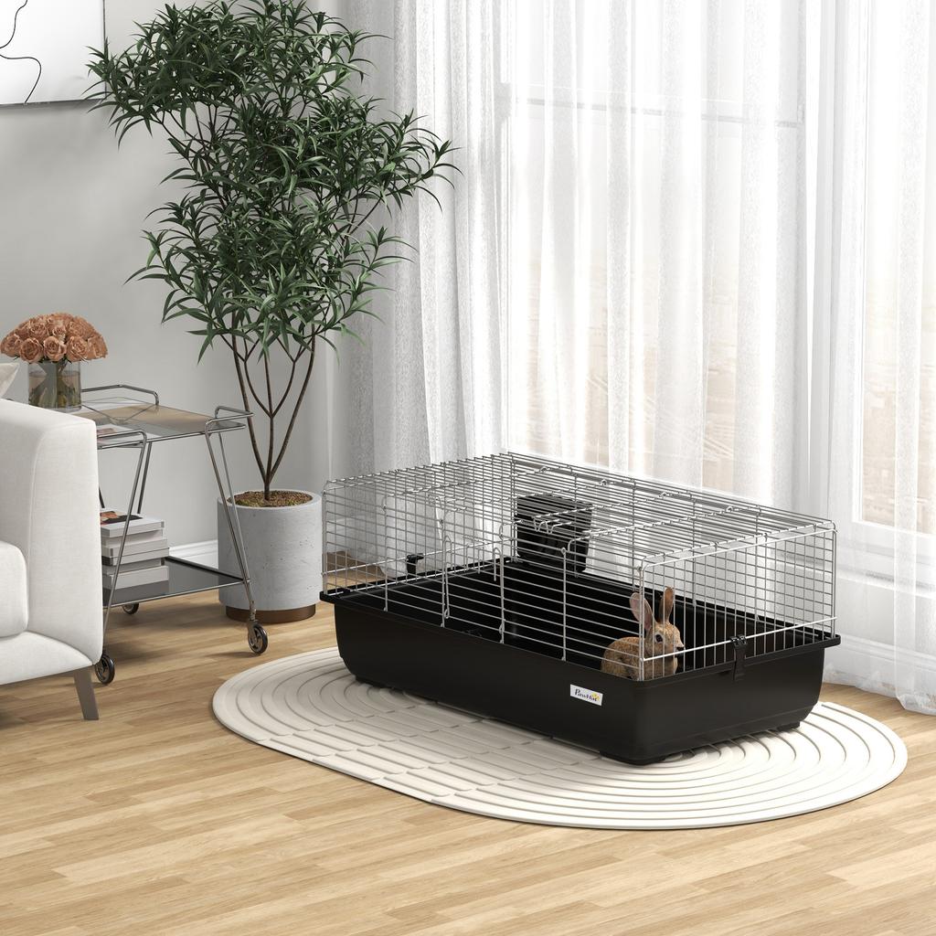Rabbit Cage with 2 Doors and Removable Tray, in Metal and PP Plastic, 100x55x41 cm, Black and Silver