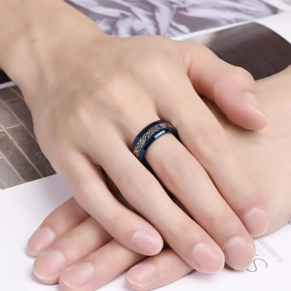 Fashion 8mm Men Stainless Steel Celtic Dragon Rings Inlay Blue Carbon Fiber Rings For Men Women Wedding Band Jewelry