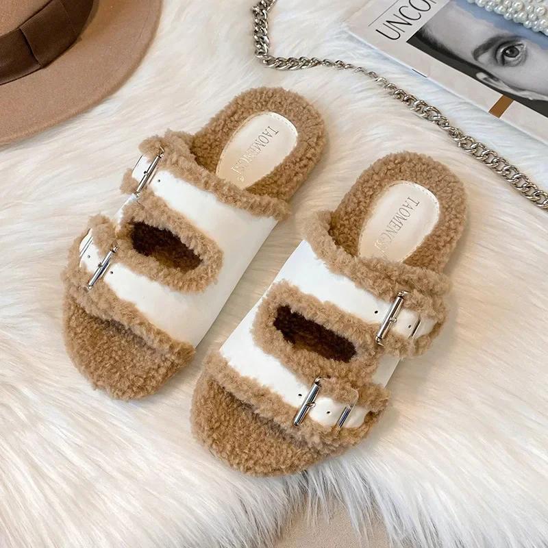 Women's Platform Slippers Fashion Outside Double Button Plush Slippers Women Winter Belt Buckle Slippers Chanclas Mujer