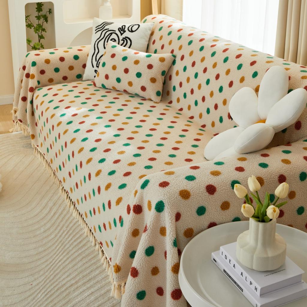 Bunte Punkte Sherpa Verdicken Warmes Sofa Handtuch mit Quasten, für Weihnachts-Atmosphäre Wohnzimmer Deko Couch Freizeitdecke Sofaüberwurf