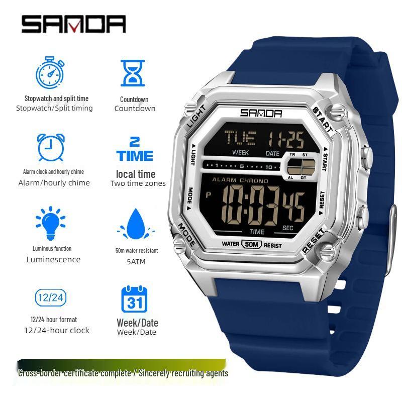 SANDA Men s Waterproof Electronic Sports Watch - Multifunctional Square Timer with Hollow Design