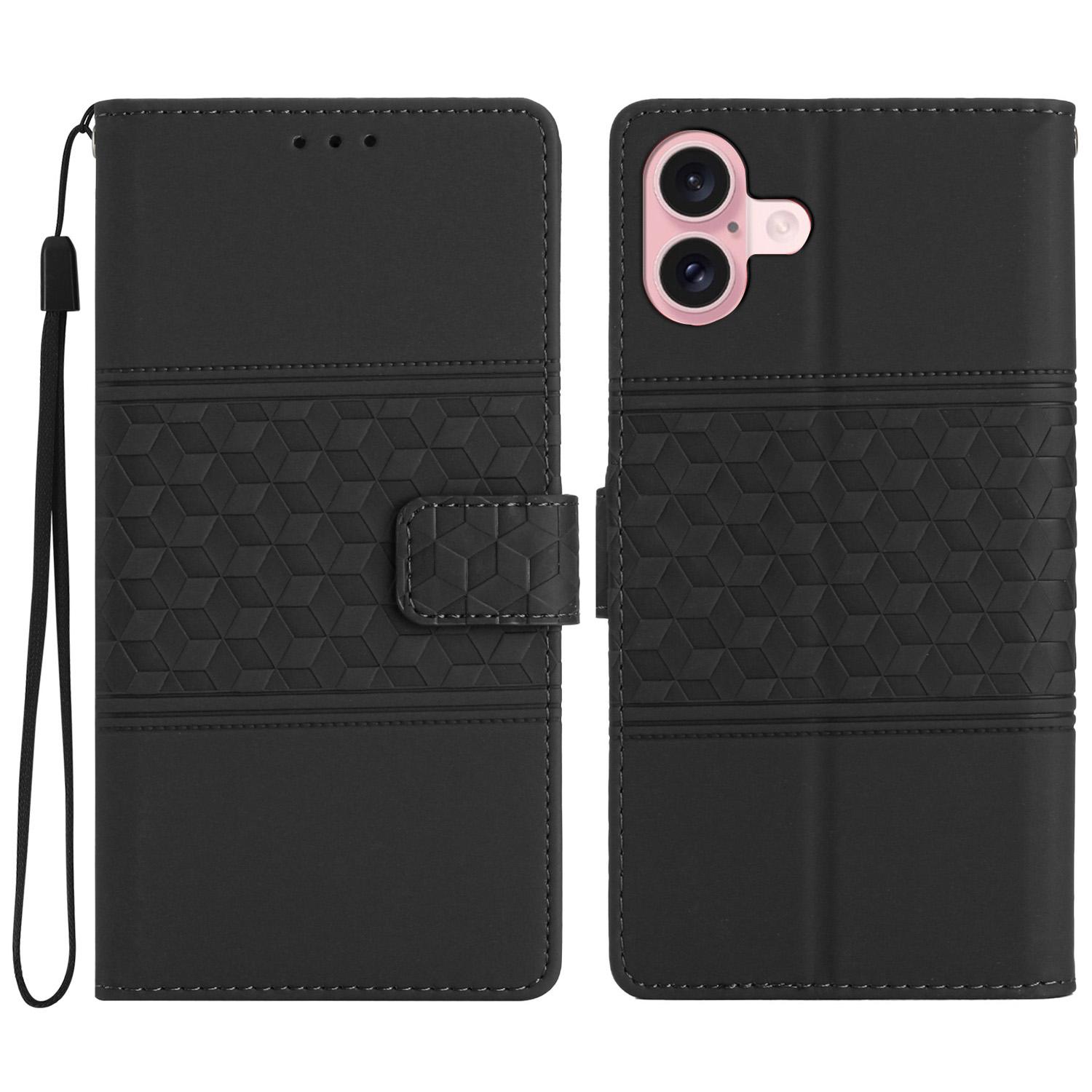 

For iPhone 16 Plus Case Rhombus Leather Horizontal Flip Phone Cover Black