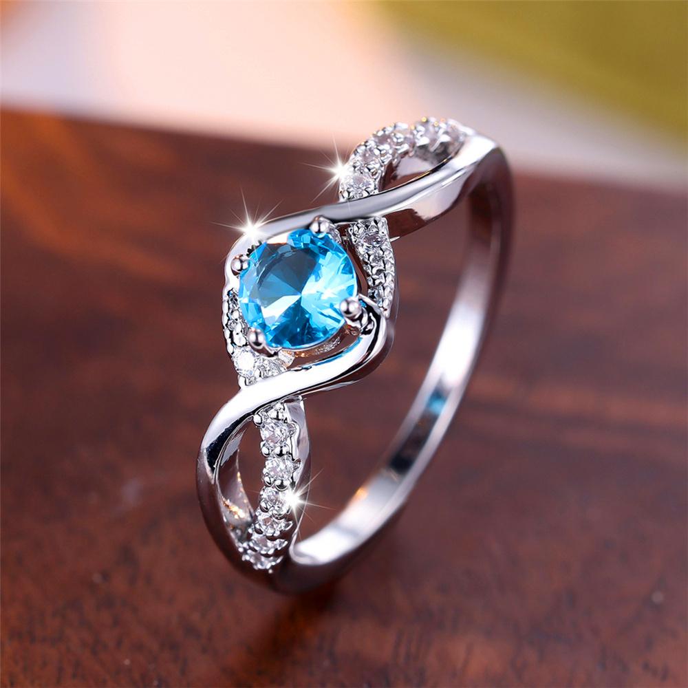 Trendy Water Blue Zircon Round Stone Vintage Silver Color Wedding Bands Engagement Rings For Women Men Minimalist