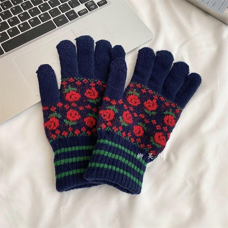 

Liu Wuwei Women s Knitted Wool Thickened Warm Gloves Navy blue Roses] All yards