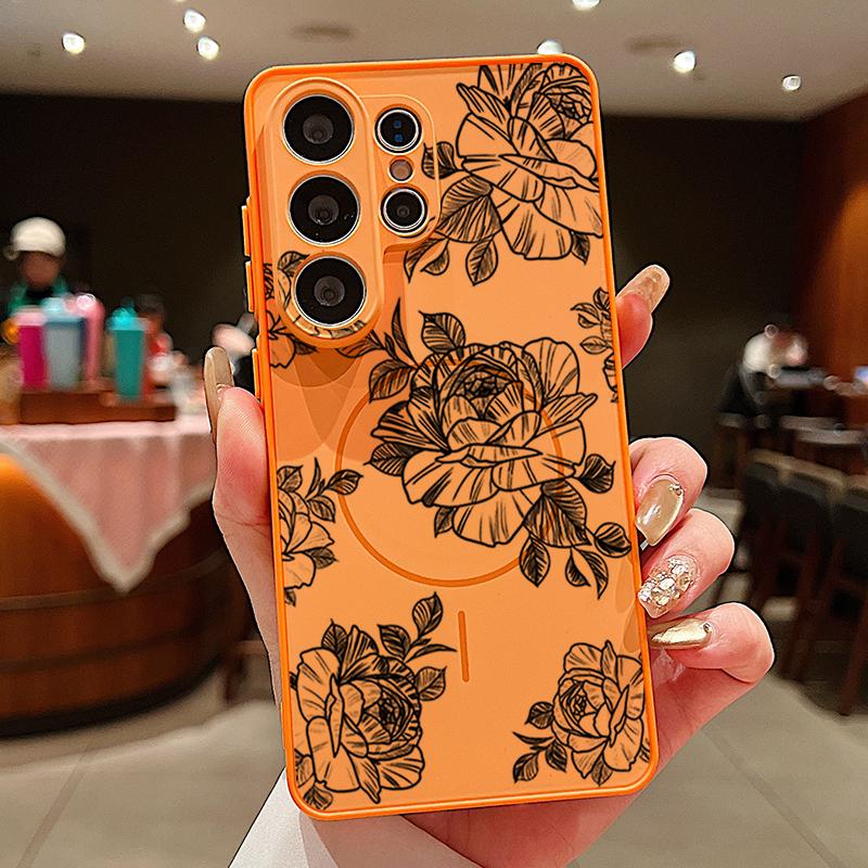 Magnetic For Magsafe Case For Samsung Galaxy S26 Ultra S25 Edge S24 Plus S23 FE S22 A54 A55 A56 5G Sketching Rose Flower Pattern Matte Cover