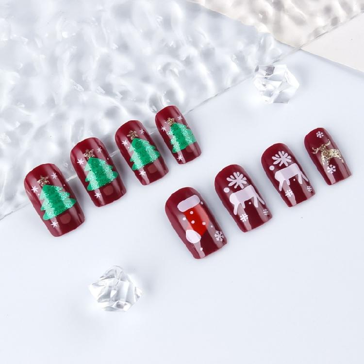 24Pcs Christmas Themed Press on Tips Gold Foil Striped Christmas Snowflake Design Short Square Artificial Nail Tips