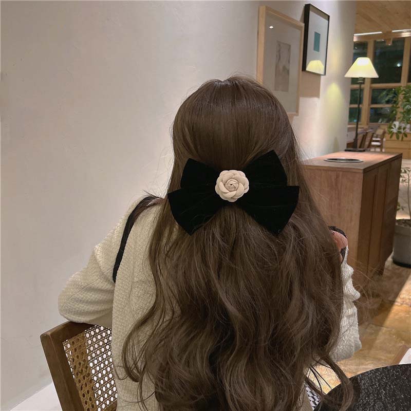 Élégant Pince à Cheveux Camélia en Velours Noir Nœud Strass Pince Printemps Femmes Barrette Coréenne pour Coiffure Épingles à Cheveux Nœud Ruban