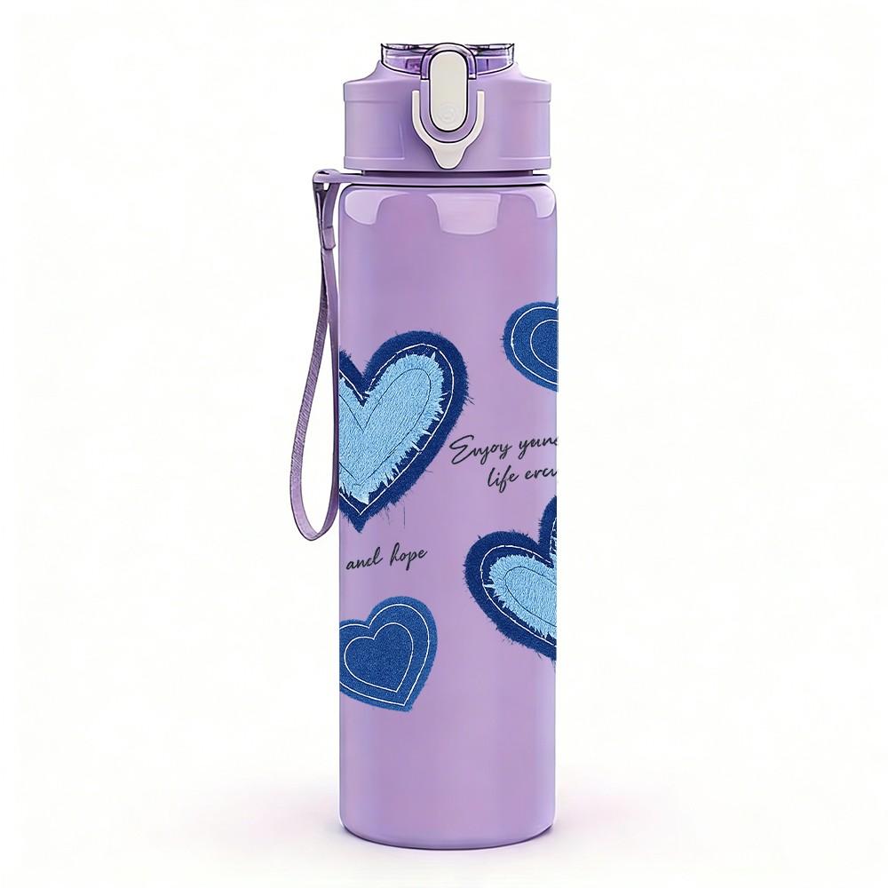 1PC Stacked Blue Pastel Heart Print 750ml Color Plastic Sports Water Bottle Leakproof Flip Straw Lid Suitable for Sports Office Home Use