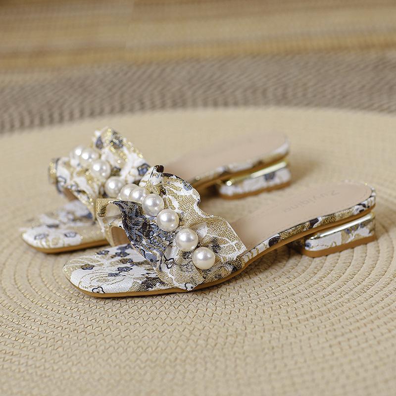 Fashion embroider ruffles low heel slippers women pearl beading flip flops mixed color printing slides sandalias de tacón big size 43