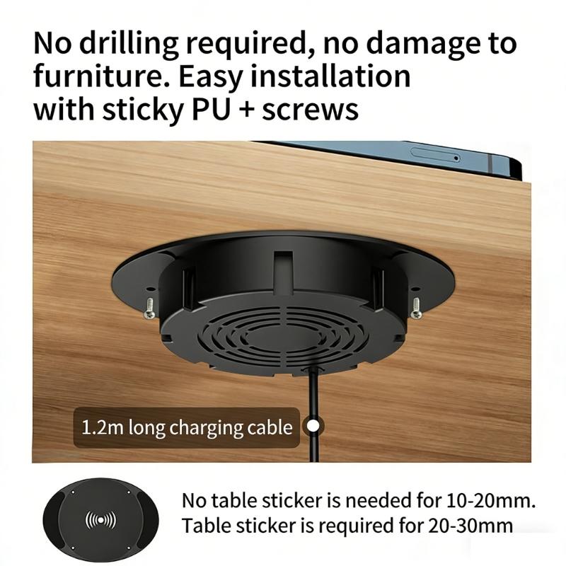 Universal Hide Wireless Phone Chargers 10W Quick Charge Under Desk Install For Multiple Surfaces Keep Workspaces Clean