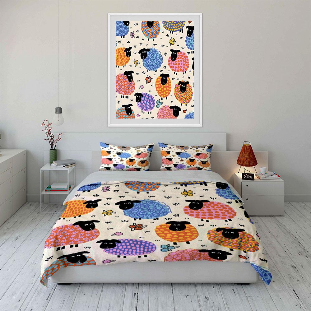 Colorful Sheep Pattern Design Bedding Duvet Cover Set (1*Duvet Cover 2*Pillowcases, Without Duvet Insert)