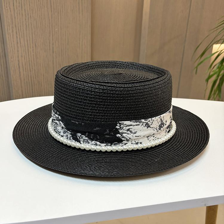 

Белая жемчужная шляпа-цилиндр с плоским верхом для знаменитостей во французском стиле, женская летняя элегантная соломенная пляжная шляпа, солнцезащитная шляпа от солнца, соломенная шляпа M（56-58cm） чёрный