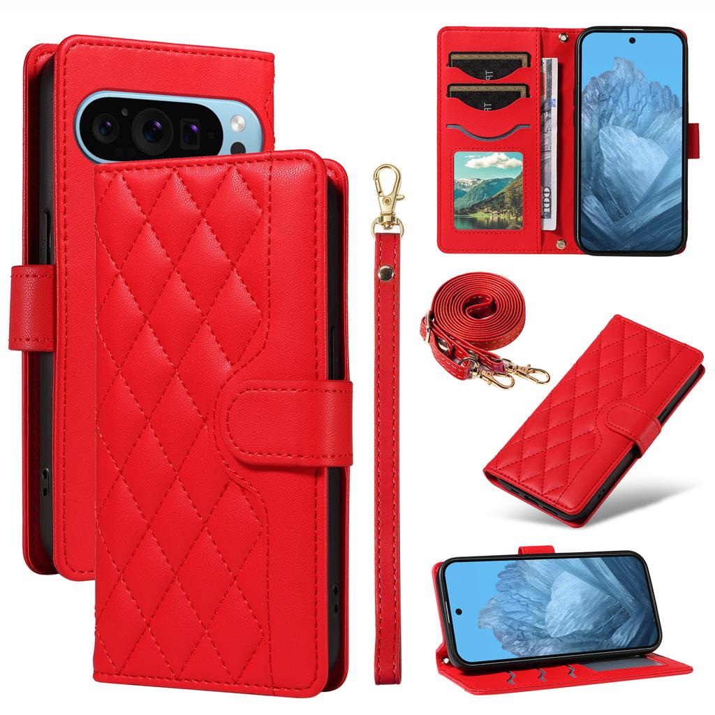 For Google Pixel 10 Pro/10/9 Pro/9 Case Wallet Rhombus Leather Phone Cover with Shoulder Strap,Wrist Strap
