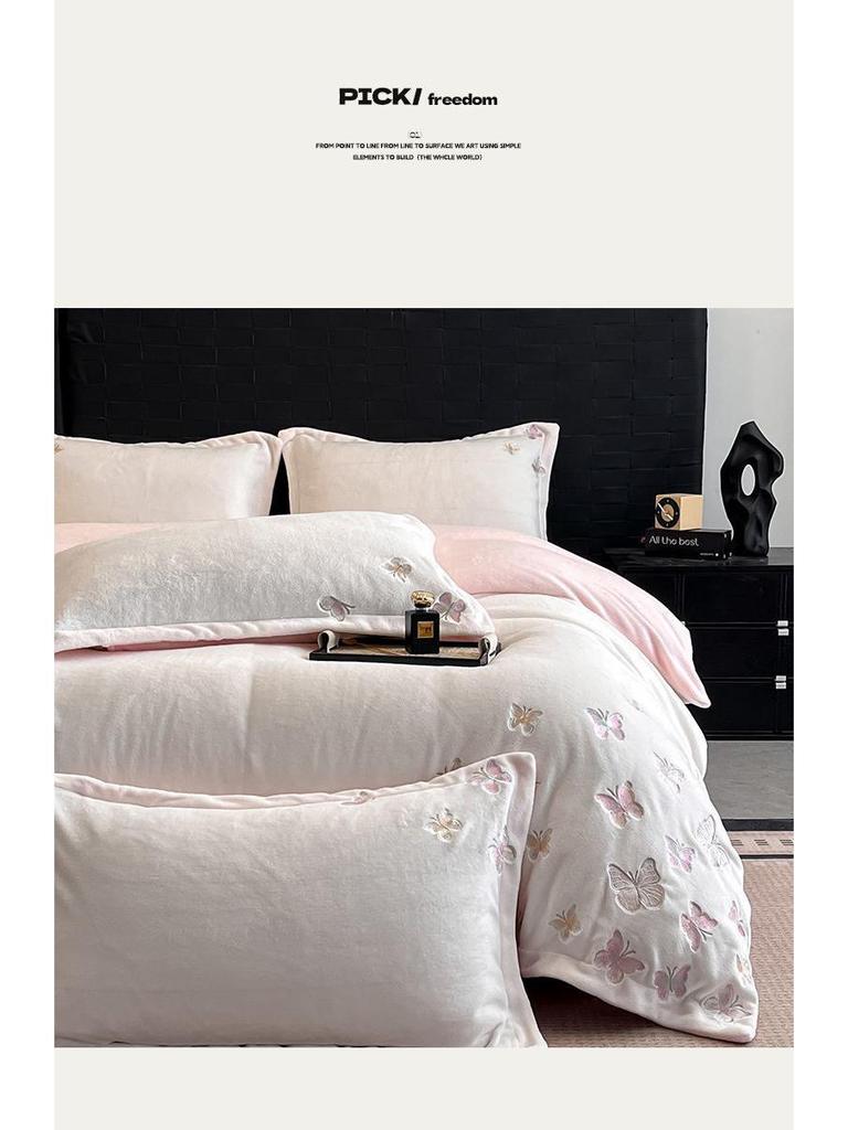 G5Z Luxurious Winter Fleece Bedding Set - Double-Sided Four-Piece: Bed Sheet, Duvet Cover, Flannel Coral Fleece