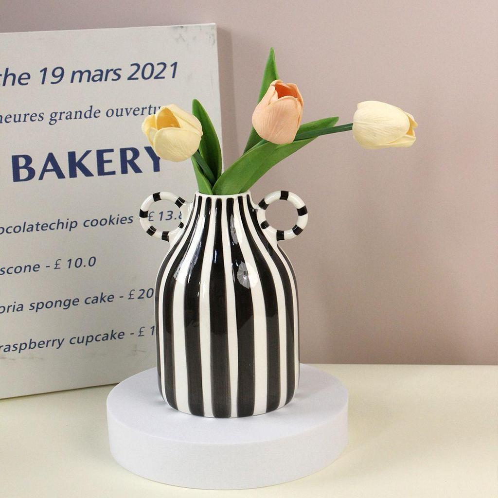 Hand-Painted Ceramic Vase with Double-Ear Striped Design