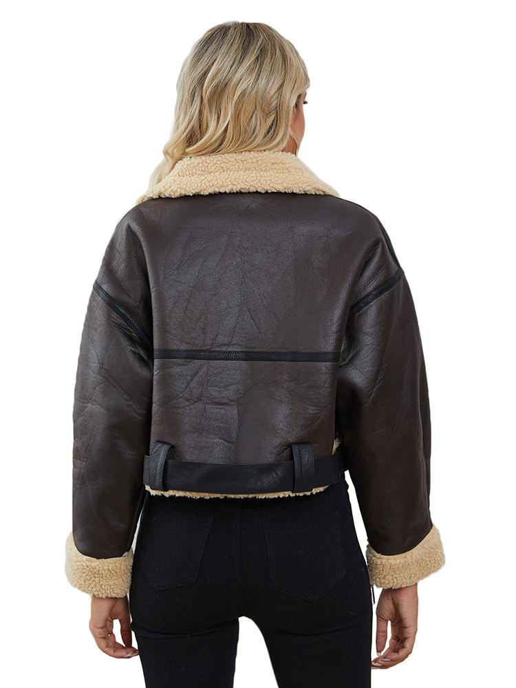Nový podzim Zima Ženy Streetwear Ležérní Silný Teplý Krátký Pu kabát Dáma Móda Vintage Bunda z umělé kůže Jehněčí kožešina